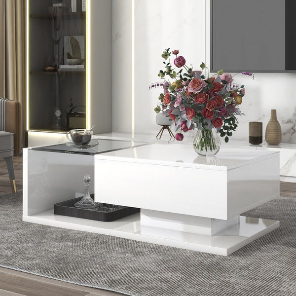 English Elm Modern Two-tier Glass Top Coffee Table with Uv Gloss Finish for Living Room White WF303936AAK