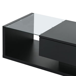 English Elm Modern Two-tier Glass Top Coffee Table with Uv Gloss Finish for Living Room Black WF303936AAB