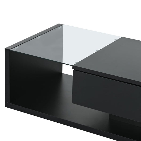 English Elm Modern Two-tier Glass Top Coffee Table with Uv Gloss Finish for Living Room Black WF303936AAB