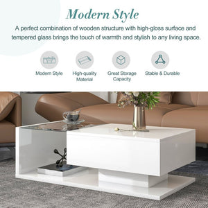 English Elm Modern Two-tier Glass Top Coffee Table with Uv Gloss Finish for Living Room White WF303936AAK