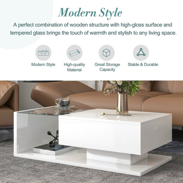 English Elm Modern Two-tier Glass Top Coffee Table with Uv Gloss Finish for Living Room White WF303936AAK