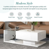 English Elm Modern Coffee Table With Tempered Glass, Wooden Cocktail Table With High-Gloss Uv Surface, Modernist 2-Tier Rectangle Center Table For Living Room, White