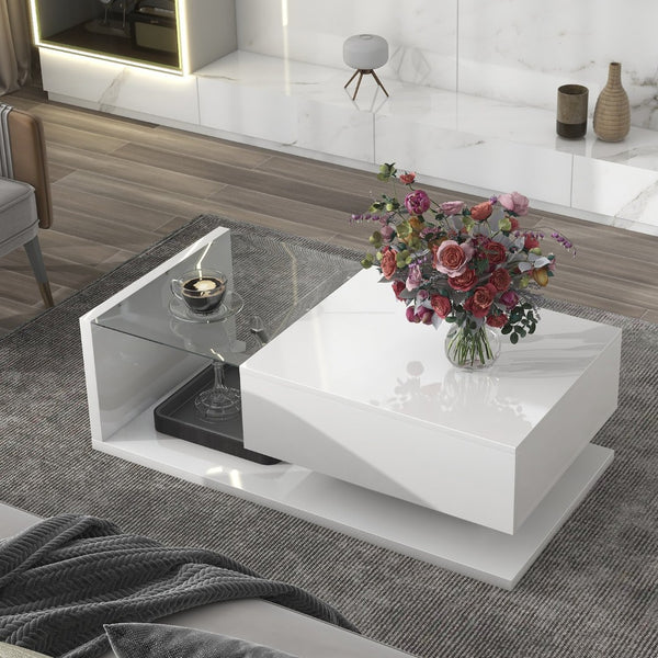 English Elm Modern Two-tier Glass Top Coffee Table with Uv Gloss Finish for Living Room White WF303936AAK