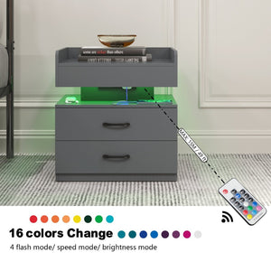 English Elm 1 Set Led Strip Nightstand with 2 Drawers Open Shelf Contemporary Bedside Storage Grey W578P462507