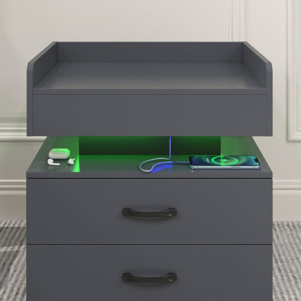 English Elm 1 Set Led Strip Nightstand with 2 Drawers Open Shelf Contemporary Bedside Storage Grey W578P462507