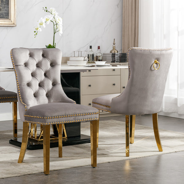English Elm Nikki Velvet Tufted Dining Chairs Set of 2 — Gray Upholstered High-End Solid Wood Seats with Gold Legs W114390550