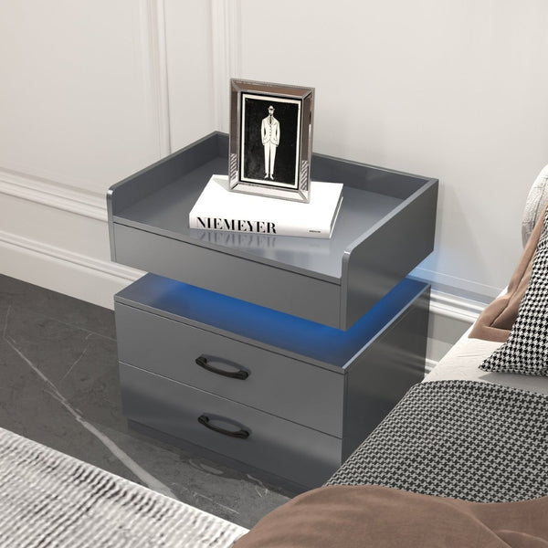 English Elm 1 Set Led Strip Nightstand with 2 Drawers Open Shelf Contemporary Bedside Storage Grey W578P462507