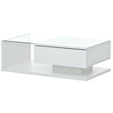 English Elm Modern Coffee Table With Tempered Glass, Wooden Cocktail Table With High-Gloss Uv Surface, Modernist 2-Tier Rectangle Center Table For Living Room, White