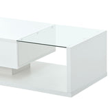 English Elm Modern Coffee Table With Tempered Glass, Wooden Cocktail Table With High-Gloss Uv Surface, Modernist 2-Tier Rectangle Center Table For Living Room, White