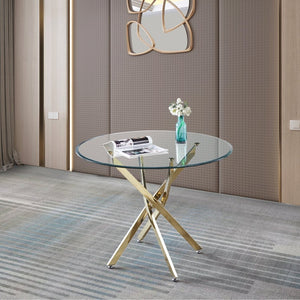 English Elm Contemporary Round Glass Dining Table Sculptural Steel Base Seats Four Modern Rooms W1241106643