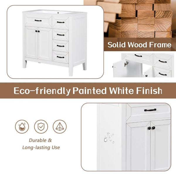 English Elm 36" Freestanding Bathroom Vanity Solid Rubberwood Cabinet with Ceramic Sink and Three Drawers White JL000007AAK-6