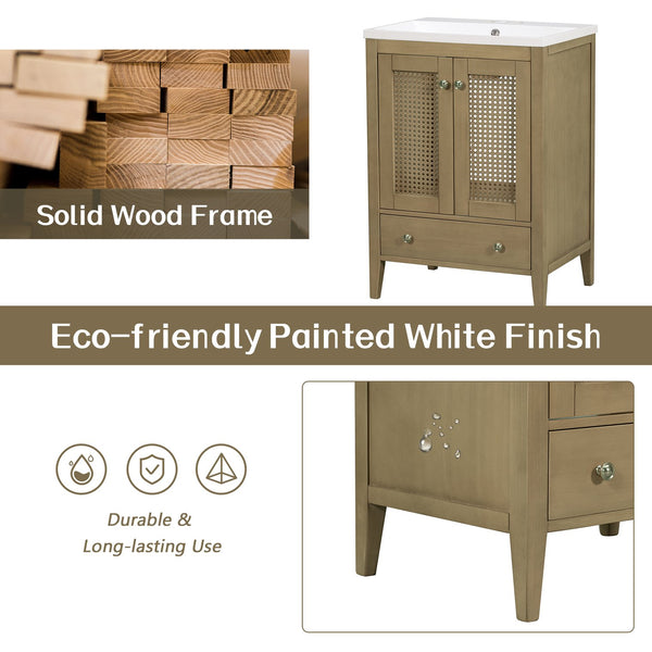 English Elm 24" Natural Rattan Bathroom Vanity Base with Drawer & Doors, Solid Acacia Frame, MDF, 150lb Capacity WF297609AAD