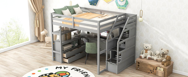 English Elm Full Loft Bed with Desk, Shelves and Storage Staircase, Solid Pine Frame, Two Large Drawers, Durable and Space-Saving Gray GX000426AAE