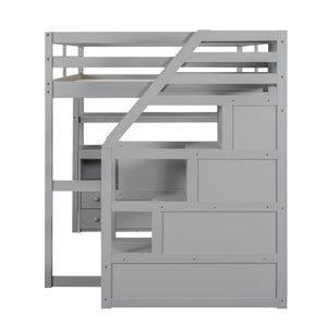 English Elm Full Loft Bed with Desk, Shelves and Storage Staircase, Solid Pine Frame, Two Large Drawers, Durable and Space-Saving Gray GX000426AAE