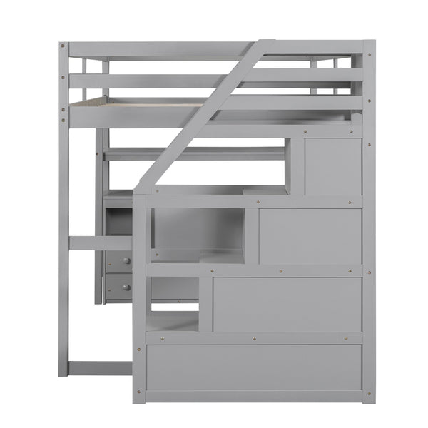 English Elm Full Loft Bed with Desk, Shelves and Storage Staircase, Solid Pine Frame, Two Large Drawers, Durable and Space-Saving Gray GX000426AAE