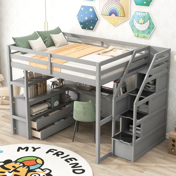 English Elm Full Loft Bed with Desk, Shelves and Storage Staircase, Solid Pine Frame, Two Large Drawers, Durable and Space-Saving Gray GX000426AAE