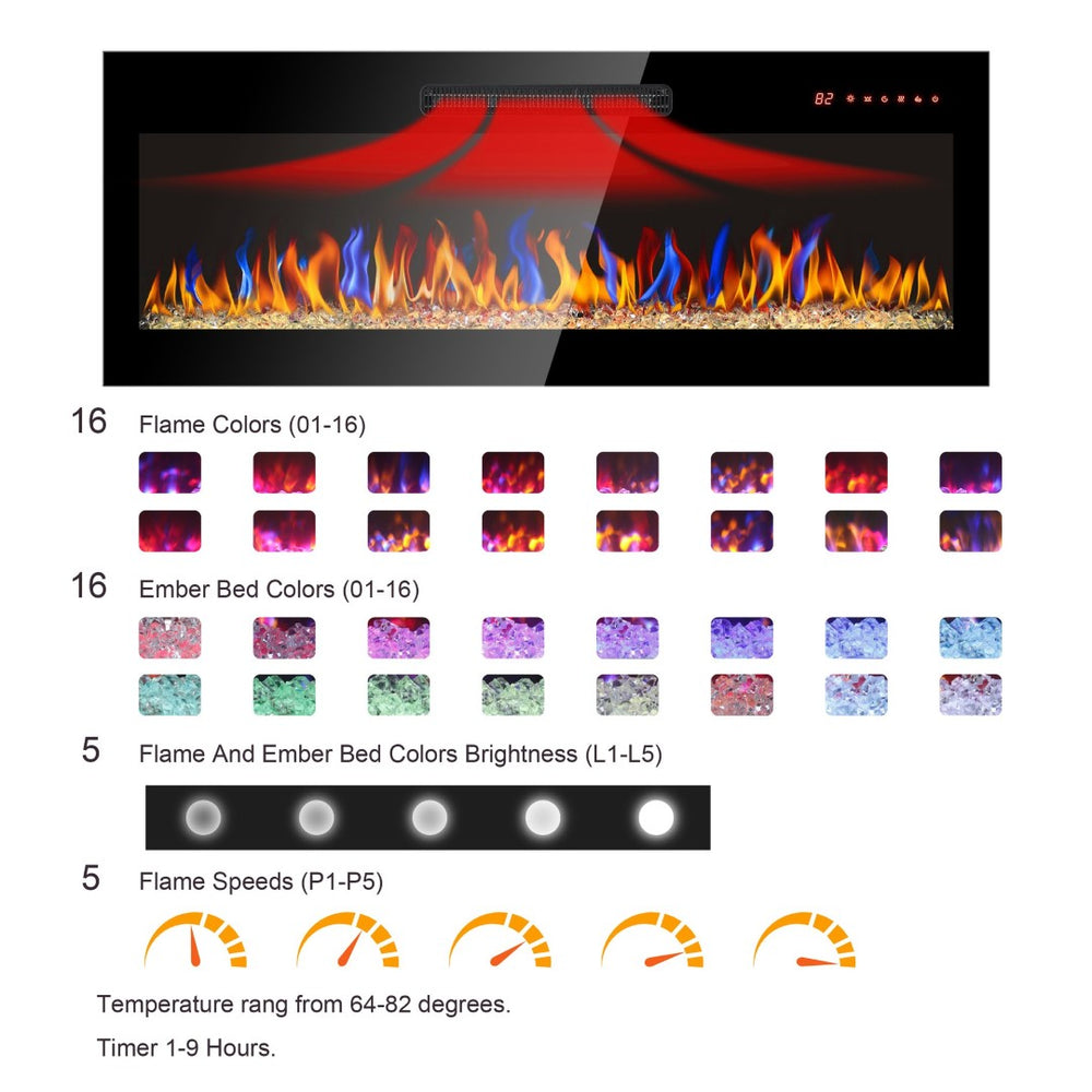 English Elm 60 Inch Wall Mounted Electric Fireplace Recessed Tempered Glass Led Flame Heater W1769103306