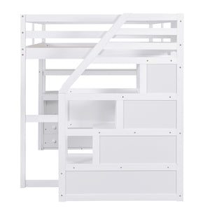 English Elm Full Loft Bed with Desk, Shelves and Storage Staircase, Solid Pine Frame, Two Large Drawers, Durable and Space-Saving White GX000426AAK