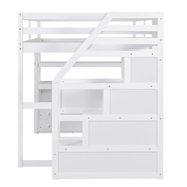 English Elm Full Loft Bed with Desk, Shelves and Storage Staircase, Solid Pine Frame, Two Large Drawers, Durable and Space-Saving White GX000426AAK