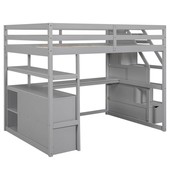 English Elm Full Loft Bed with Desk, Shelves and Storage Staircase, Solid Pine Frame, Two Large Drawers, Durable and Space-Saving Gray GX000426AAE