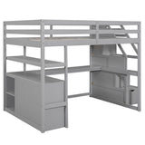 Hearth and Haven Velveteen Full Size Loft Bed with Desk and Shelves, Two Built-in Drawers, Storage Staircase, Grey  GX000426AAE