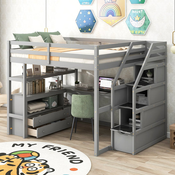 English Elm Full Loft Bed with Desk, Shelves and Storage Staircase, Solid Pine Frame, Two Large Drawers, Durable and Space-Saving Gray GX000426AAE