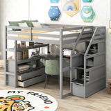 Hearth and Haven Velveteen Full Size Loft Bed with Desk and Shelves, Two Built-in Drawers, Storage Staircase, Grey  GX000426AAE