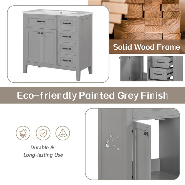 English Elm 36" Freestanding Bathroom Vanity Solid Rubberwood Cabinet with Ceramic Sink and Three Drawers Grey JL000007AAE-6