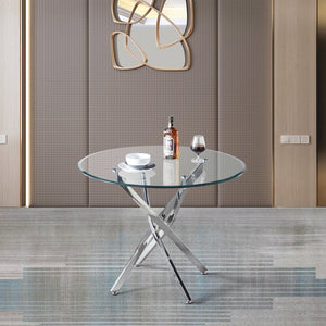 English Elm Contemporary Round Glass Dining Table Sculptural Steel Base Seats Four Modern Rooms W1241106644