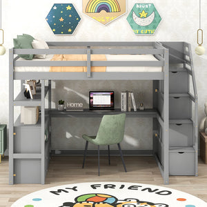 English Elm Full Loft Bed with Desk, Shelves and Storage Staircase, Solid Pine Frame, Two Large Drawers, Durable and Space-Saving Gray GX000426AAE