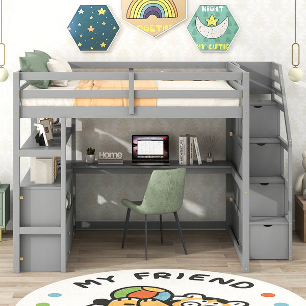 English Elm Full Loft Bed with Desk, Shelves and Storage Staircase, Solid Pine Frame, Two Large Drawers, Durable and Space-Saving Gray GX000426AAE