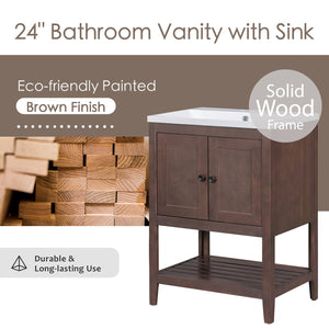 English Elm 24" Modern Sleek Bathroom Vanity with Ceramic Sink, Solid Wood Frame, Waterproof Finish and Open Shelf Storage Brown N725P246473D