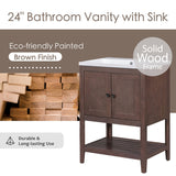 English Elm [Video] 24" Brown Modern Sleek Bathroom Vanity Elegant Ceramic Sink With Solid Wood Frame Open Style Shelf (Old Sku: Jl000004Aad)