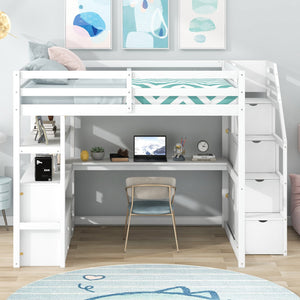 English Elm Full Loft Bed with Desk, Shelves and Storage Staircase, Solid Pine Frame, Two Large Drawers, Durable and Space-Saving White GX000426AAK