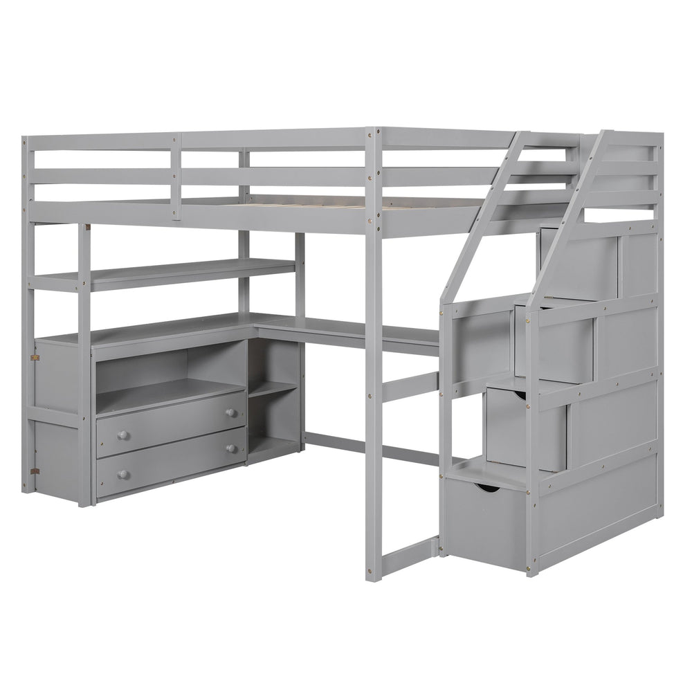 English Elm Full Loft Bed with Desk, Shelves and Storage Staircase, Solid Pine Frame, Two Large Drawers, Durable and Space-Saving Gray GX000426AAE