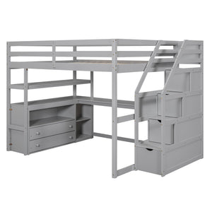 English Elm Full Loft Bed with Desk, Shelves and Storage Staircase, Solid Pine Frame, Two Large Drawers, Durable and Space-Saving Gray GX000426AAE