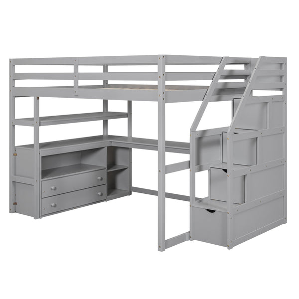 English Elm Full Loft Bed with Desk, Shelves and Storage Staircase, Solid Pine Frame, Two Large Drawers, Durable and Space-Saving Gray GX000426AAE
