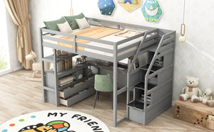 English Elm Full Loft Bed with Desk, Shelves and Storage Staircase, Solid Pine Frame, Two Large Drawers, Durable and Space-Saving Gray GX000426AAE