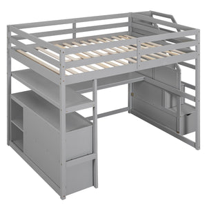English Elm Full Loft Bed with Desk, Shelves and Storage Staircase, Solid Pine Frame, Two Large Drawers, Durable and Space-Saving Gray GX000426AAE