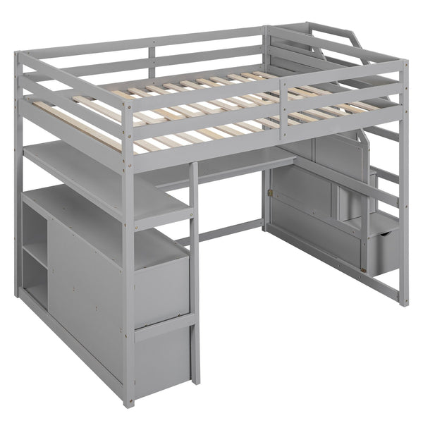 English Elm Full Loft Bed with Desk, Shelves and Storage Staircase, Solid Pine Frame, Two Large Drawers, Durable and Space-Saving Gray GX000426AAE