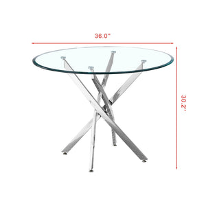 English Elm Contemporary Round Glass Dining Table Sculptural Steel Base Seats Four Modern Rooms W1241106644
