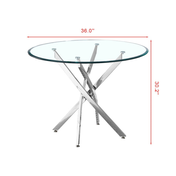 English Elm Contemporary Round Glass Dining Table Sculptural Steel Base Seats Four Modern Rooms W1241106644