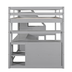English Elm Full Loft Bed with Desk, Shelves and Storage Staircase, Solid Pine Frame, Two Large Drawers, Durable and Space-Saving Gray GX000426AAE