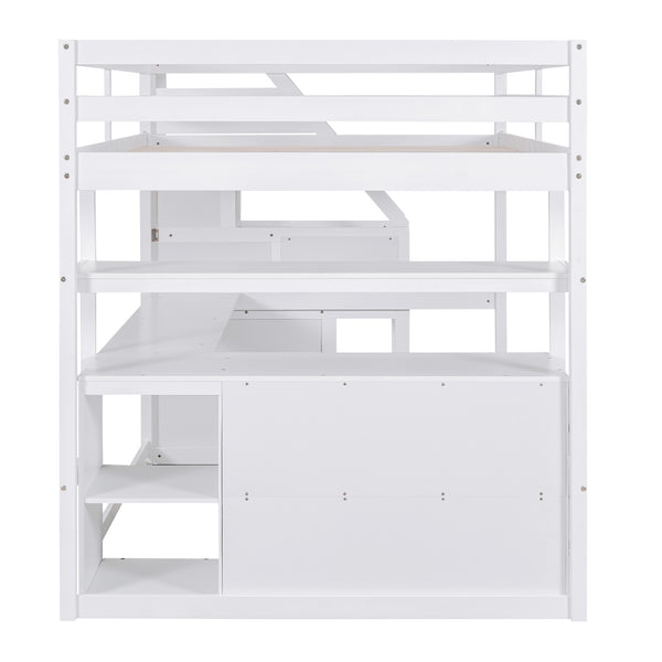 English Elm Full Loft Bed with Desk, Shelves and Storage Staircase, Solid Pine Frame, Two Large Drawers, Durable and Space-Saving White GX000426AAK