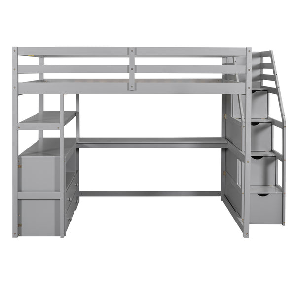 English Elm Full Loft Bed with Desk, Shelves and Storage Staircase, Solid Pine Frame, Two Large Drawers, Durable and Space-Saving Gray GX000426AAE