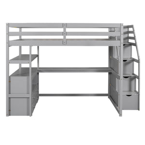 Hearth and Haven Velveteen Full Size Loft Bed with Desk and Shelves, Two Built-in Drawers, Storage Staircase, Grey  GX000426AAE