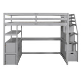 Velveteen Full Size Loft Bed with Desk and Shelves, Two Built-in Drawers, Storage Staircase, Grey 