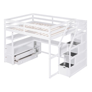English Elm Full Loft Bed with Desk, Shelves and Storage Staircase, Solid Pine Frame, Two Large Drawers, Durable and Space-Saving White GX000426AAK