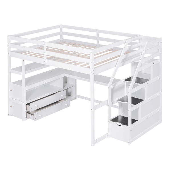 English Elm Full Loft Bed with Desk, Shelves and Storage Staircase, Solid Pine Frame, Two Large Drawers, Durable and Space-Saving White GX000426AAK