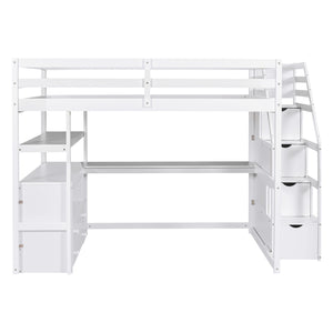 English Elm Full Loft Bed with Desk, Shelves and Storage Staircase, Solid Pine Frame, Two Large Drawers, Durable and Space-Saving White GX000426AAK